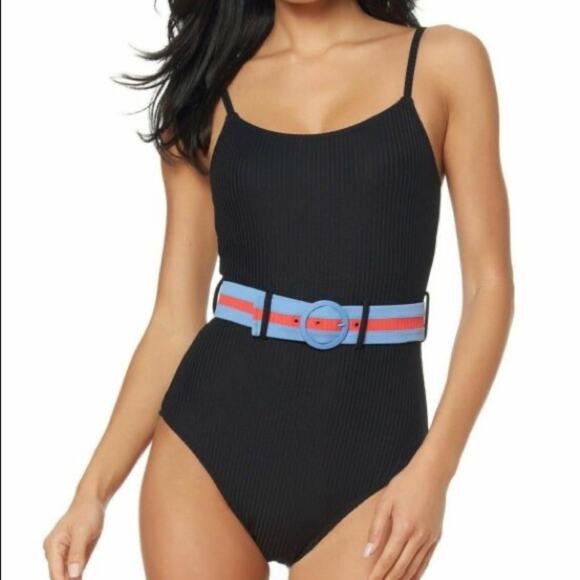 Jessica Simpson Women's Black Moderate Cover Ribbed/Belt One Piece Swimsuit sz L - Picture 1 of 4